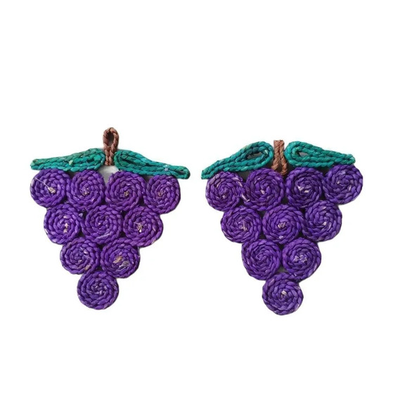 Vintage Grape Berries Woven Straw Trivets Set of 5 Colourful  Swirl Design - Picture 2 of 8